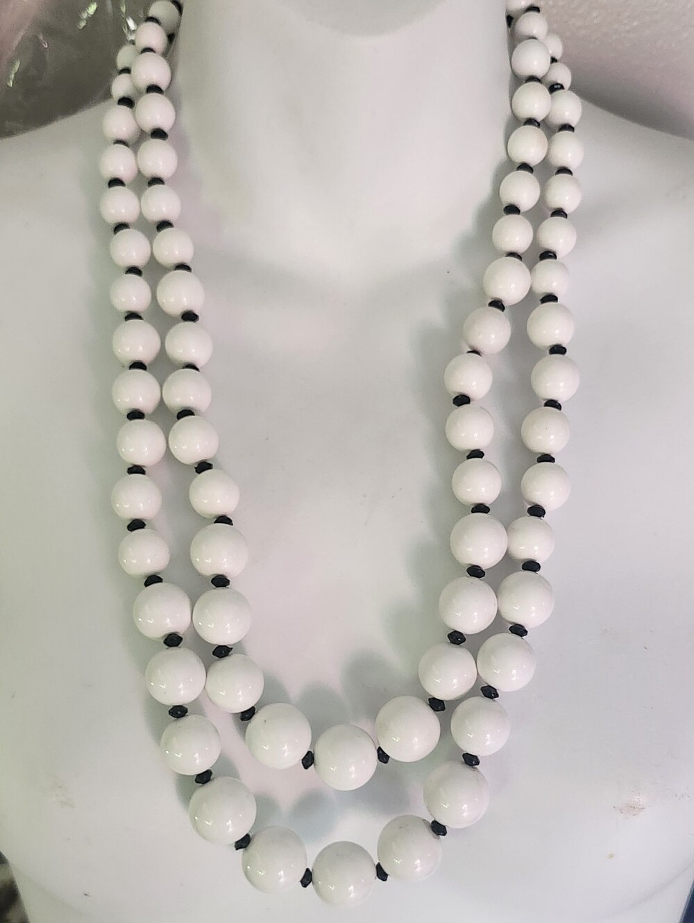 Crown Trifari Mid Century Modern Double Strand White Lucite Beaded Necklace